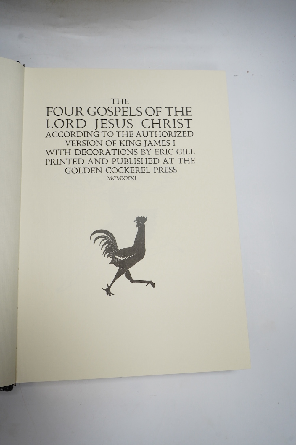 Folio Society - Gill, Eric - The Four Gospels, one of 2750, monochrome illustrations, all edges gilt, original gilt decorated full black morocco in black cloth drop box, includes Essays, by John Dreyfus & Robert Gibbings